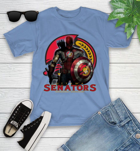NHL Captain America Thor Spider Man Hawkeye Avengers Endgame Hockey Ottawa Senators Youth T-Shirt 11