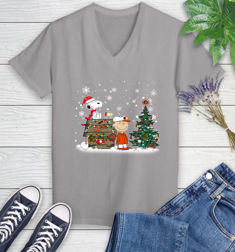 MLB Baltimore Orioles Snoopy Charlie Brown Christmas Baseball Commissioner's Trophy Women's V-Neck T-Shirt 4