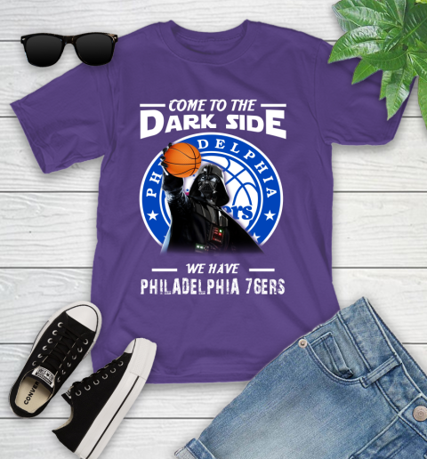 NBA Come To The Dark Side We Have Philadelphia 76ers Star Wars Darth Vader Basketball Youth T-Shirt 3
