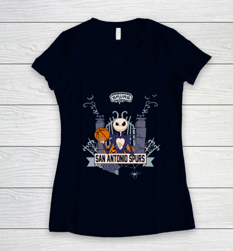 NBA San Antonio Spurs Basketball Jack Skellington Halloween Women's V-Neck T-Shirt 2