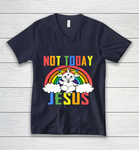 Unicorn Rainbow Not Today Jesus Premium V-Neck T-Shirt 3