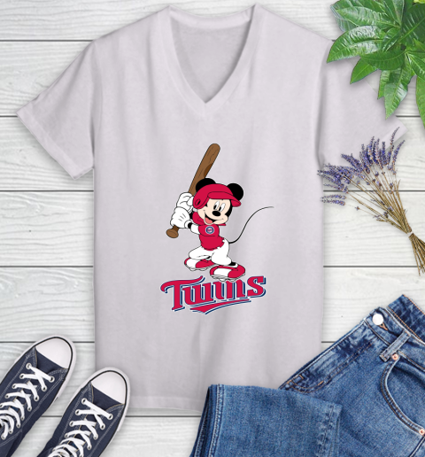 MLB Baseball Minnesota Twins Cheerful Mickey Mouse Shirt Women's V-Neck T-Shirt 2
