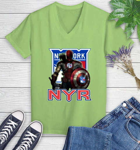 NHL Captain America Thor Spider Man Hawkeye Avengers Endgame Hockey New York Rangers Women's V-Neck T-Shirt 11