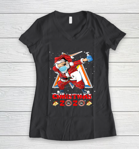 Miami Marlins Funny Santa Claus Dabbing Christmas 2020 MLB Women's V-Neck T-Shirt 6