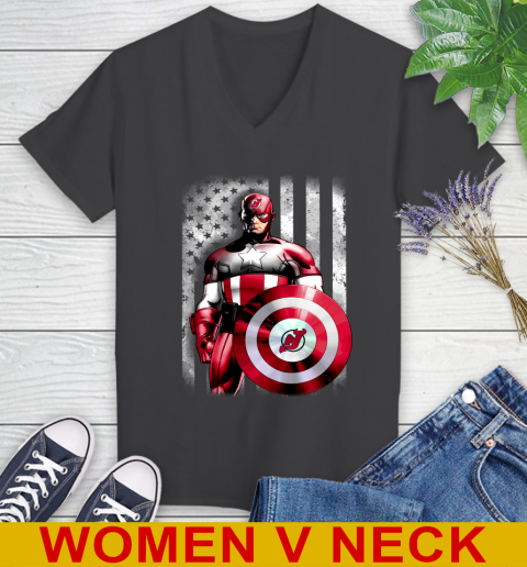 New Jersey Devils NHL Hockey Captain America Marvel Avengers American Flag Shirt Women's V-Neck T-Shirt - Image 9