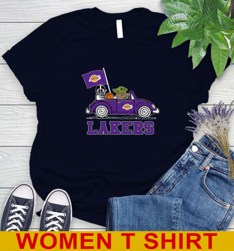 NBA Basketball Los Angeles Lakers Darth Vader Baby Yoda Driving Star Wars Shirt Women's T-Shirt 3