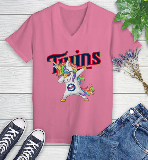 Minnesota Twins MLB Baseball Funny Unicorn Dabbing Sports Women's V-Neck T-Shirt 13