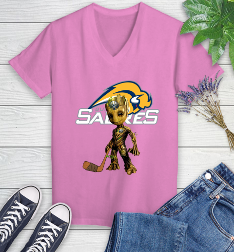 Buffalo Sabres NHL Hockey Groot Marvel Guardians Of The Galaxy Women's V-Neck T-Shirt 14