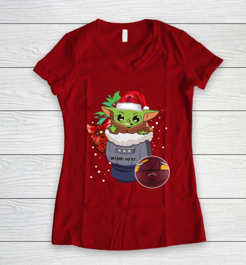 Miami Heat Christmas Baby Yoda Star Wars Funny Happy NBA Women's V-Neck T-Shirt 10