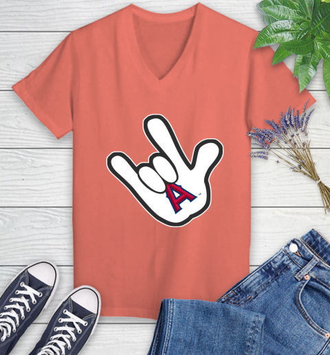 Los Angeles Angels MLB Baseball Mickey Rock Hand Disney Women's V-Neck T-Shirt 6