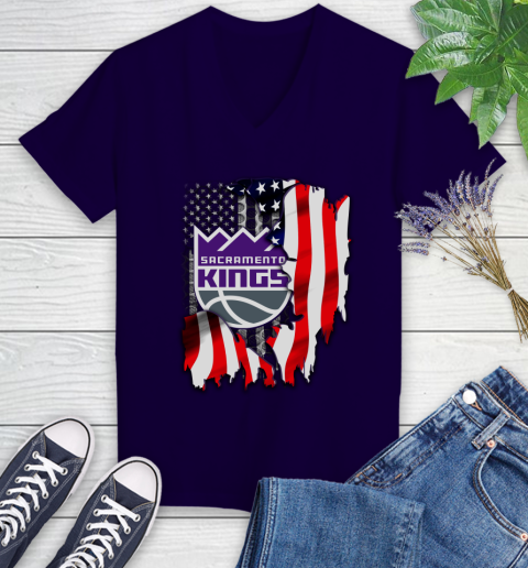 Sacramento Kings NBA Basketball American Flag Women's V-Neck T-Shirt 3