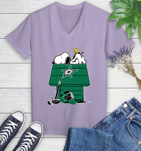 Dallas Stars NHL Hockey Snoopy Woodstock The Peanuts Movie Women's V-Neck T-Shirt 14