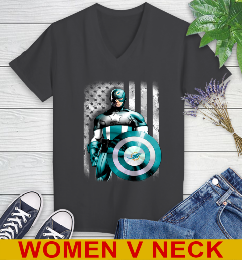 Miami Dolphins NFL Football Captain America Marvel Avengers American Flag Shirt Women's V-Neck T-Shirt 8