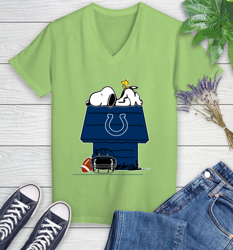 Indianapolis Colts NFL Football Snoopy Woodstock The Peanuts Movie Women's V-Neck T-Shirt 11