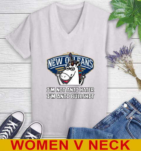New Orleans Pelicans NBA Basketball Unicorn I'm Not Anti Hater I'm Anti Bullshit Women's V-Neck T-Shirt