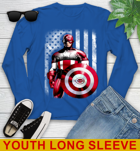 Cincinnati Reds MLB Baseball Captain America Marvel Avengers American Flag Shirt Youth Long Sleeve 10