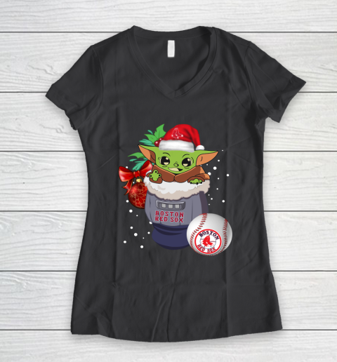 Boston Red Sox Christmas Baby Yoda Star Wars Funny Happy MLB Women's V-Neck T-Shirt 8