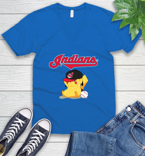 MLB Pikachu Baseball Sports Cleveland Indians V-Neck T-Shirt 6