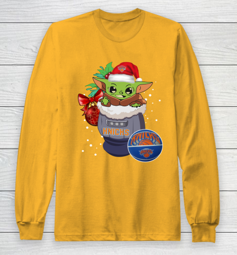 New York Knicks Christmas Baby Yoda Star Wars Funny Happy NBA Long Sleeve T-Shirt 3