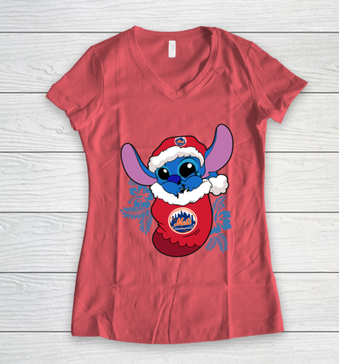 New York Mets Christmas Stitch In The Sock Funny Disney MLB Women's V-Neck T-Shirt 6