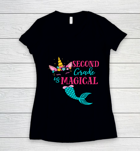 Second Grade Unicorn Mermaid Back To School Girls 2nd Grade Women's V-Neck T-Shirt