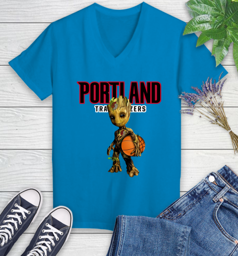 Portland Trail Blazers NBA Basketball Groot Marvel Guardians Of The Galaxy Women's V-Neck T-Shirt 7