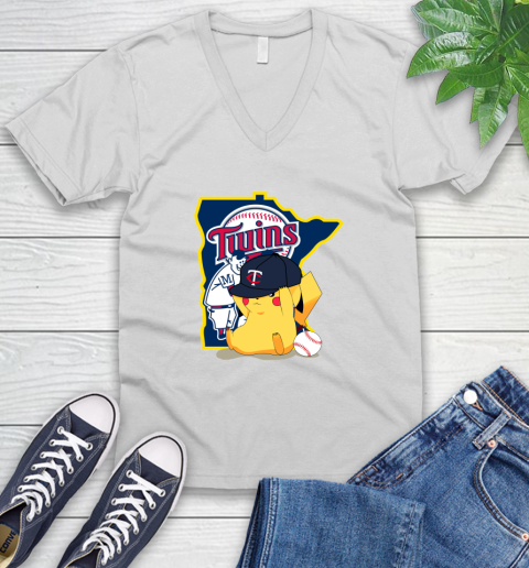 MLB Pikachu Baseball Sports Minnesota Twins V-Neck T-Shirt