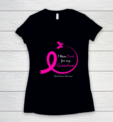 Butterfly I Wear Pink For My Grandma Breast Cancer Awareness Women's V-Neck T-Shirt