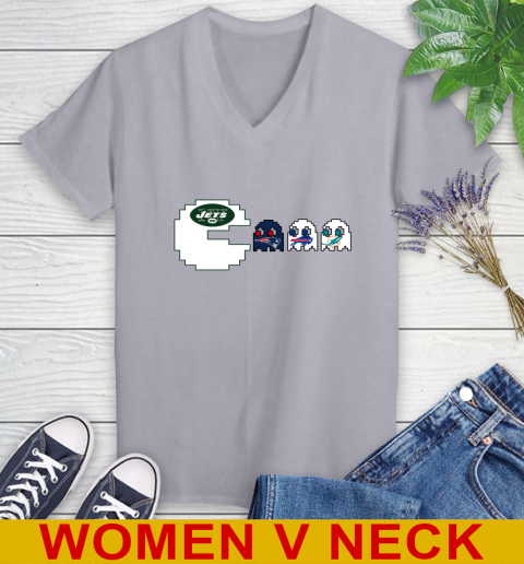 New York Jets NFL Football Pac Man Champion Women's V-Neck T-Shirt 5