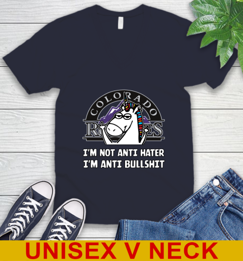 Colorado Rockies MLB Baseball Unicorn I'm Not Anti Hater I'm Anti Bullshit V-Neck T-Shirt - Image 4