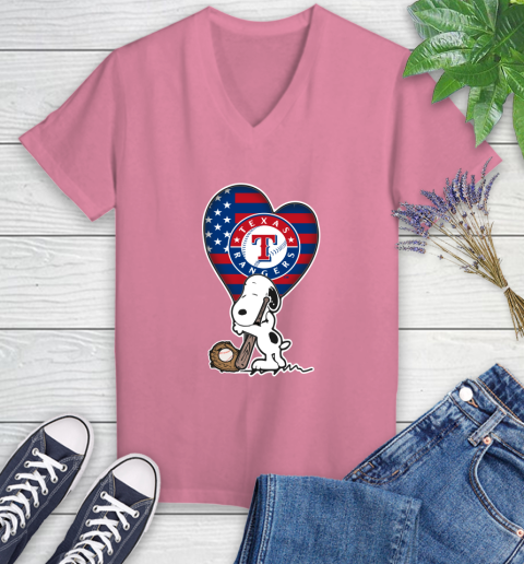 Texas Rangers MLB Baseball The Peanuts Movie Adorable Snoopy Women's V-Neck T-Shirt 13