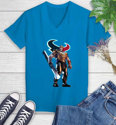 NFL Thanos Gauntlet Avengers Endgame Football Houston Texans Women's V-Neck T-Shirt 7