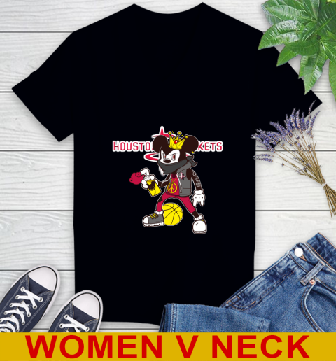 Houston Rockets NBA Basketball Mickey Peace Sign Sports Women's V-Neck T-Shirt 2