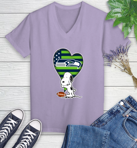 Seattle Seahawks NFL Football The Peanuts Movie Adorable Snoopy Women's V-Neck T-Shirt 14