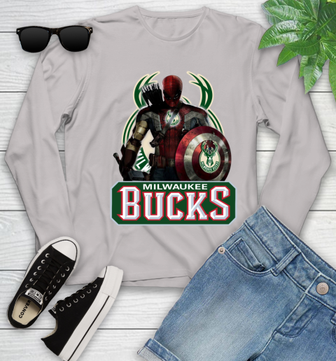 Milwaukee Bucks NBA Basketball Captain America Thor Spider Man Hawkeye Avengers Youth Long Sleeve 12