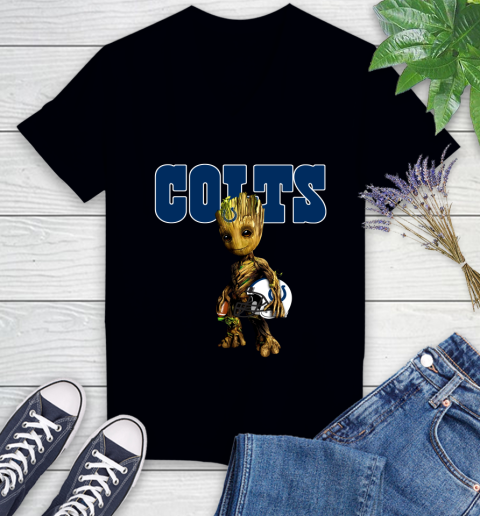 Indianapolis Colts NFL Football Groot Marvel Guardians Of The Galaxy Women's V-Neck T-Shirt 2