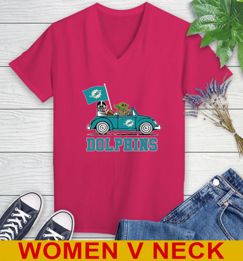 NFL Football Miami Dolphins Darth Vader Baby Yoda Driving Star Wars Shirt Women's V-Neck T-Shirt 10