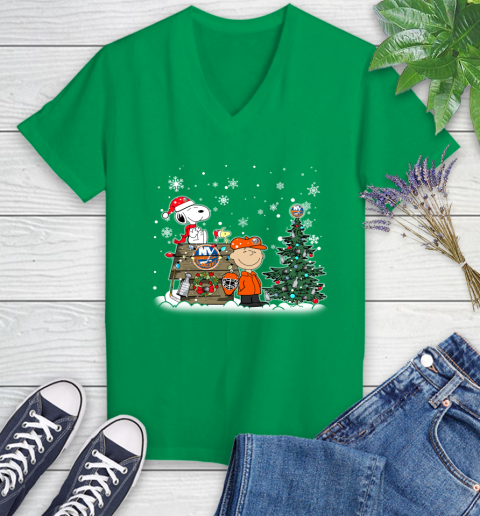 NHL New York Islanders Snoopy Charlie Brown Woodstock Christmas Stanley Cup Hockey Women's V-Neck T-Shirt 5