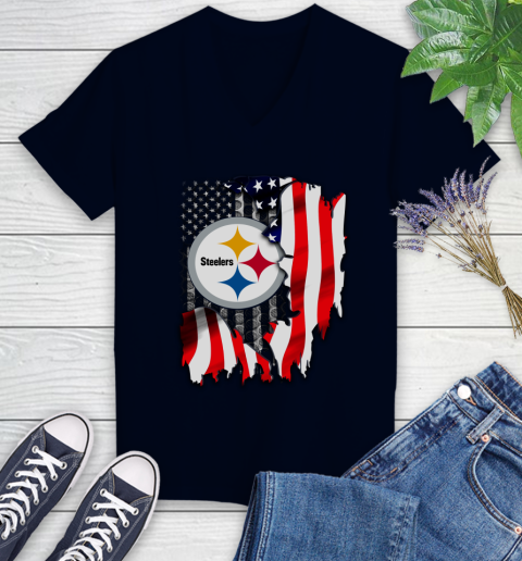 Pittsburgh Steelers NFL Football American Flag Women's V-Neck T-Shirt 3 Pittsburgh Steelers NFL Football American Flag Women's V-Neck T-Shirt - Image 3
