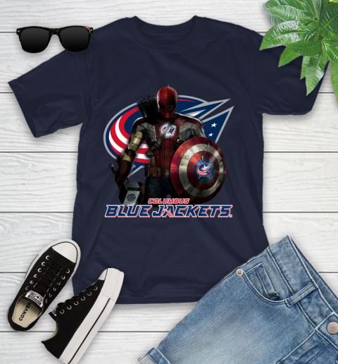 NHL Captain America Thor Spider Man Hawkeye Avengers Endgame Hockey Columbus Blue Jackets Youth T-Shirt 3