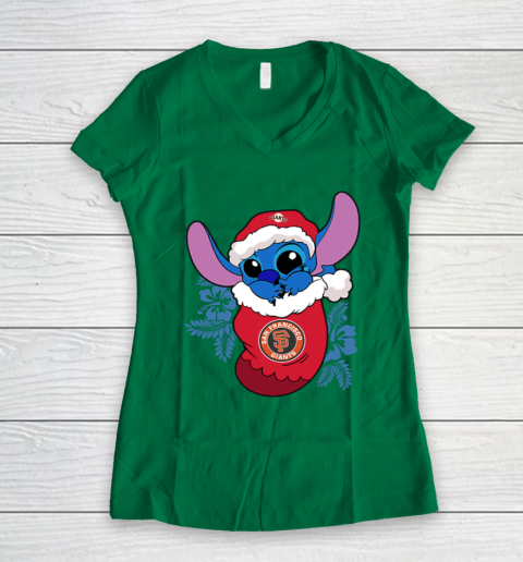 San Francisco Giants Christmas Stitch In The Sock Funny Disney MLB Women's V-Neck T-Shirt 5