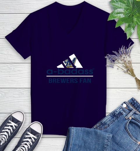 MLB A Badass Milwaukee Brewers Fan Adidas Baseball Sports Women's V-Neck T-Shirt 3