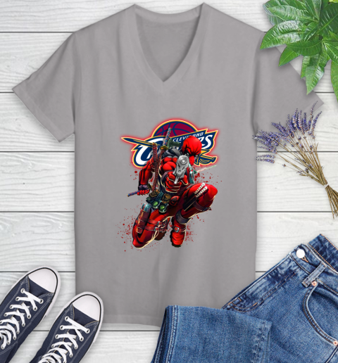 NBA Deadpool Marvel Comics Sports Basketball Cleveland Cavaliers Women's V-Neck T-Shirt 4