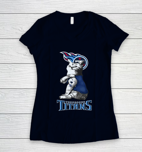 NFL Football My Cat Loves Tennessee Titans Women's V-Neck T-Shirt 2