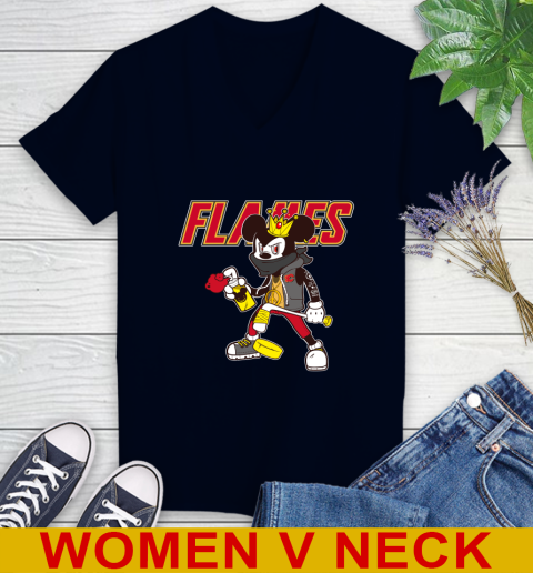 Calgary Flames NHL Hockey Mickey Peace Sign Sports Women's V-Neck T-Shirt 3