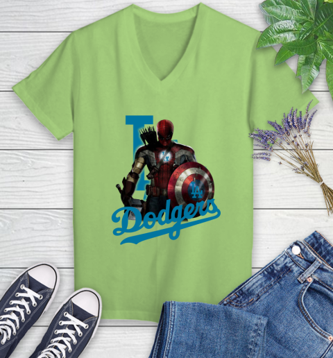 MLB Captain America Thor Spider Man Hawkeye Avengers Endgame Baseball Los Angeles Dodgers Women's V-Neck T-Shirt 11