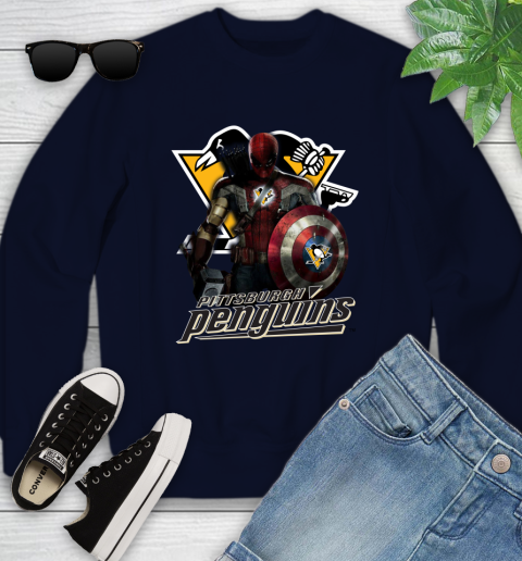 NHL Captain America Thor Spider Man Hawkeye Avengers Endgame Hockey Pittsburgh Penguins Youth Sweatshirt 3