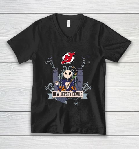 NHL New Jersey Devils Hockey Jack Skellington Halloween V-Neck T-Shirt