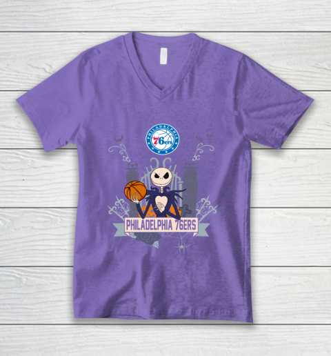 NBA Philadelphia 76ers Basketball Jack Skellington Halloween V-Neck T-Shirt 8
