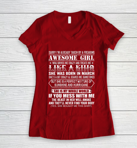 Sorry I m Already Taken by a Freaking Awesome Girl March Birthday Women's V-Neck T-Shirt 8
